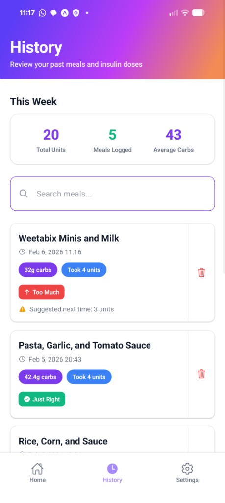 Harleen history screen with past meals and insulin doses