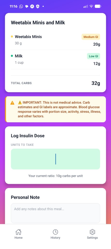Harleen meal analysis screen with carb breakdown and insulin dose input