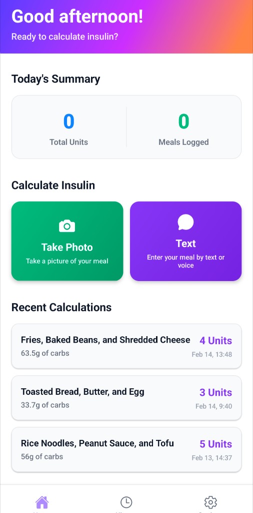 Harleen app home screen with Take Photo, Text input, and Recent Calculations